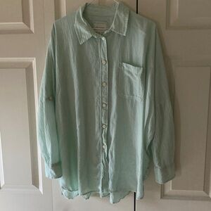 American Eagle Go Big Oxford button down womens shirt S roll sleeve green white